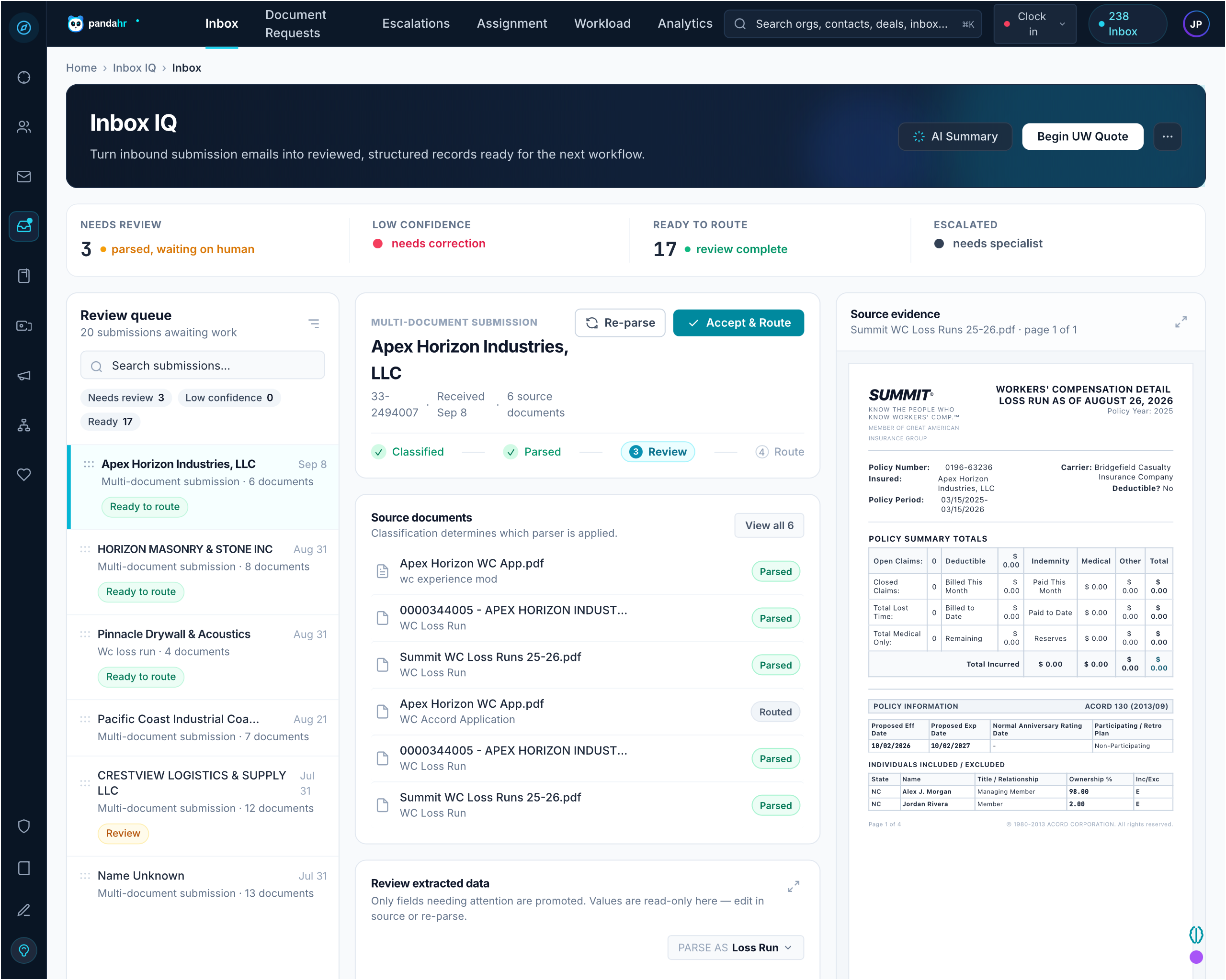 Inbox IQ workspace matching inbound email to the placement file