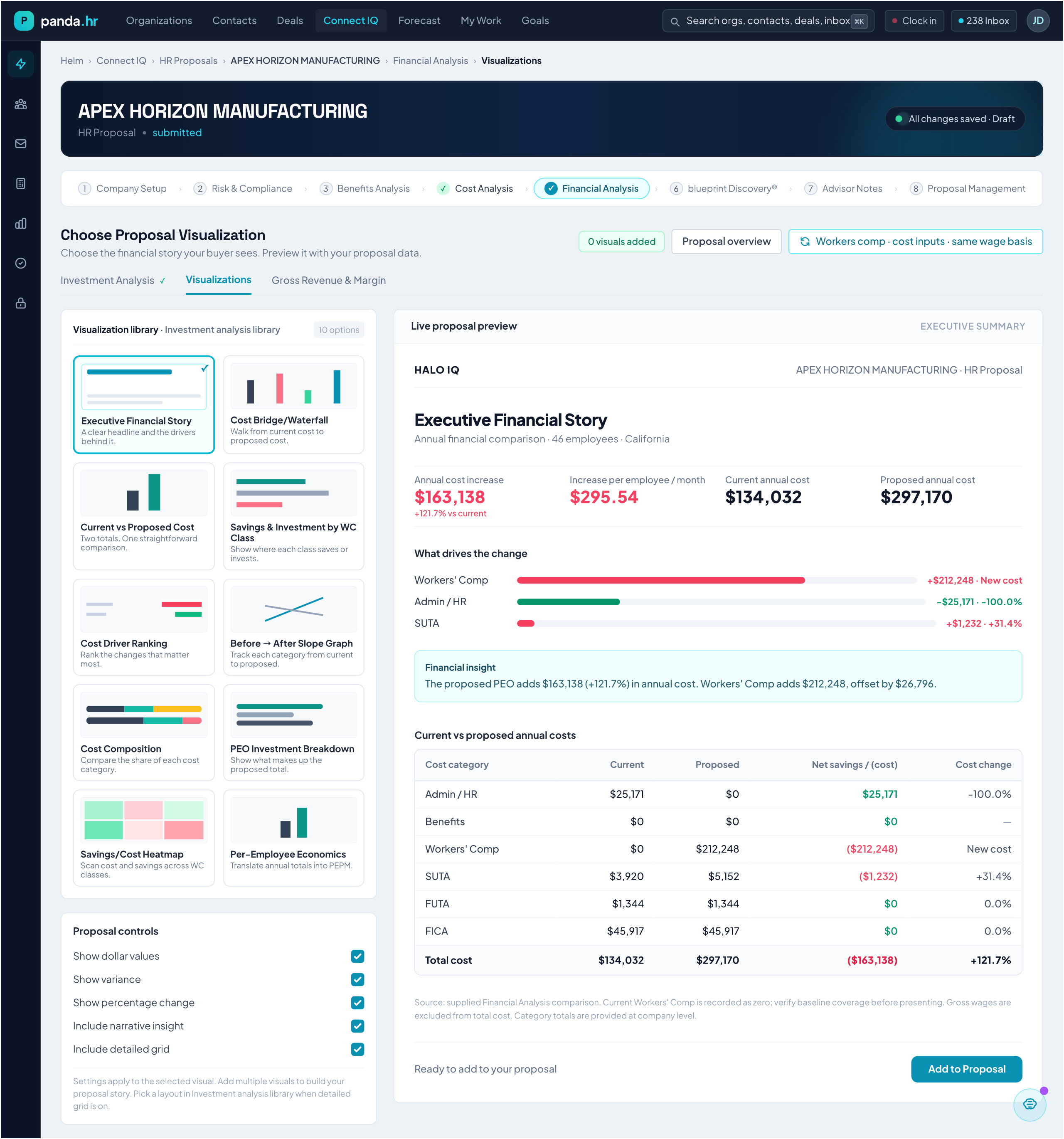 HALO IQ proposal management workspace with wizard chapters and interactive web proposal