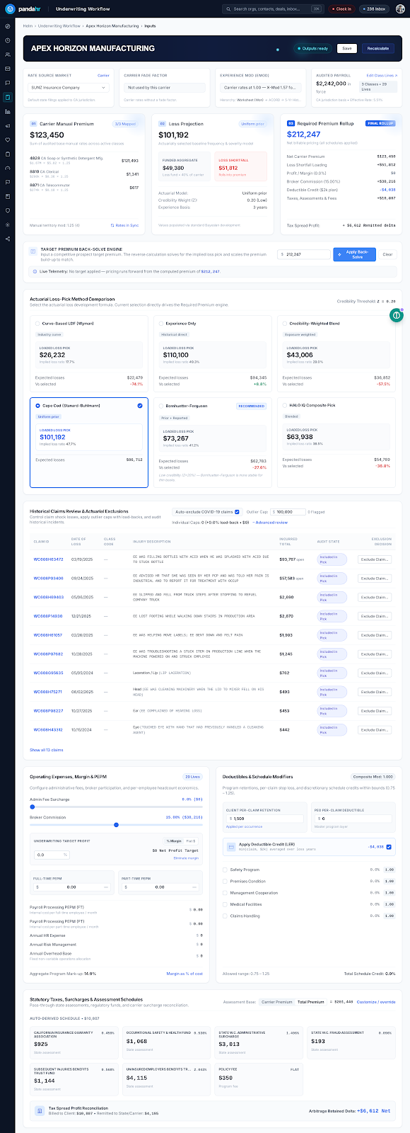 HALO IQ underwriting Inputs workspace with premium rollup, target profit, retention, and required premium